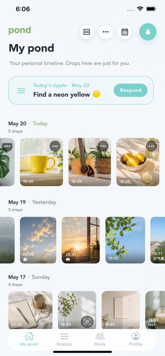Pond app 截图：我的水塘个人时间线 / screenshot of the My pond personal timeline