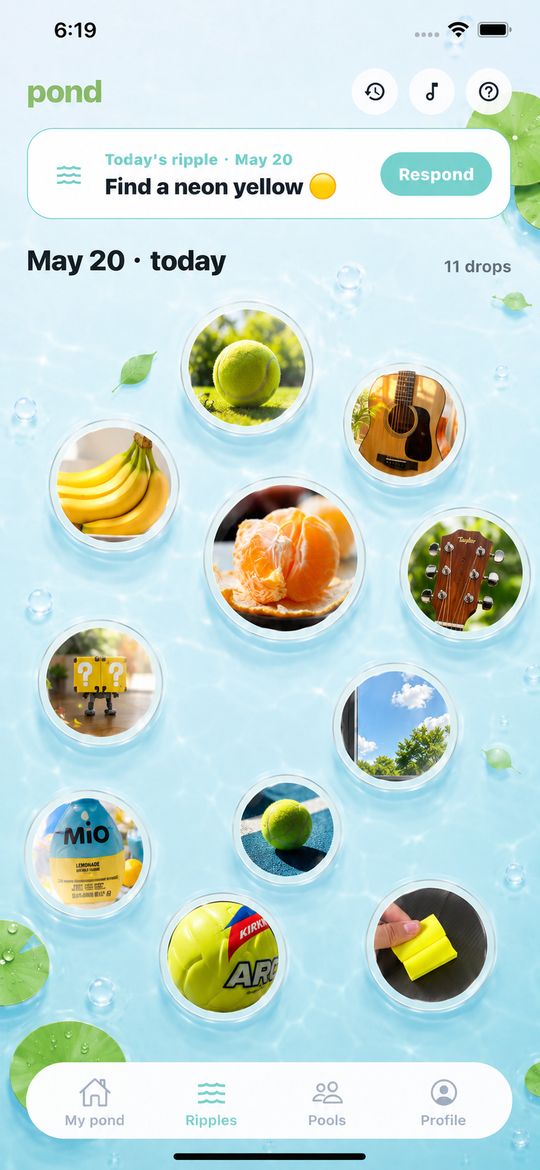 Pond app 截图：今日涟漪和当天的水滴气泡 / Pond app screenshot: today's ripple and the day's drop bubbles